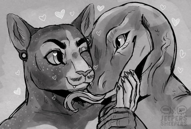 An anthro dark colored feline with star like freckles and a mustache smiles, nuzzling against a larger monitor lizard while holding said lizards chin. In turn, the monitor holds the felines hand with a smile, flicking his tongue under the cats chin. There are hearts drawn around the both of them.