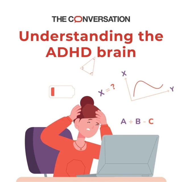 A drawing of a woman struggling in front of a laptop, with multiple symbols floating around her head and a low-battery sign. The graphic reads "Understanding ADHD brain". 