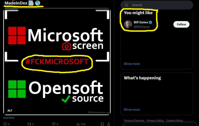 Screenshot of a MadeInDex X post. The post is about #FCKMicrosoft and suggesting opensource alternatives; next to it is an X-follow suggestion: "You might like" - "Bill Gates")