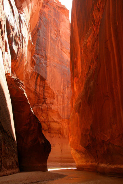 Sunlight reflecting along the steep, high, red rock walls of a narrow, winding desert slot canyon, with a small muddy stream flowing though its bottom and around a corner in an 'S' shape.