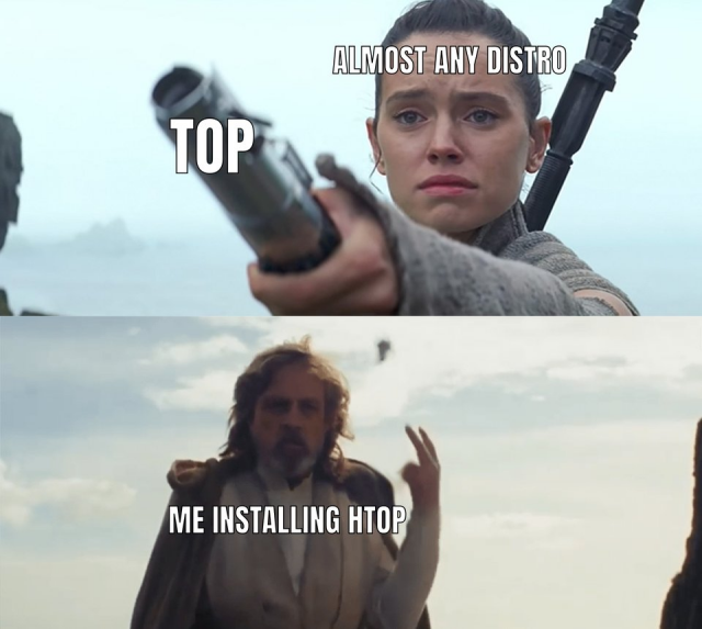 This meme is about installing htop on a Linux or Unix distro where it's not the default. The default is top, but this Star Wars-based meme is about going the extra step and installing htop instead of top.