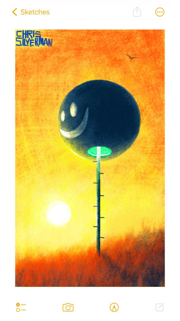 A blazing sunrise or sunset. The sky is yellow; the sun is low on the horizon, turning the meadow in front of it a bright red. Rising up from the meadow is a tall metal pole with those little rungs you see on power line towers. The pole ends in a large dark gray metal sphere with a smiley-face emblazoned on it. The sphere is hollow, with an opening beneath it into which the pole disappears. There's a greenish light emanating from inside the sphere. A single bird flies overhead.