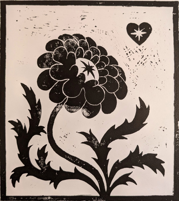 Linocut print in black and white of a flower with big round petals, a star in the middle and spiky leaves. Its facing a heart in the upper right corner with another star in it