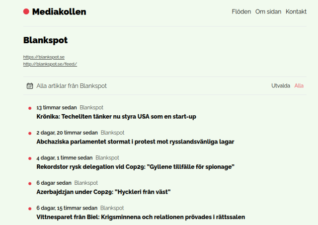 Skärmdump av Mediakollen som visar artiklar från Blankspot