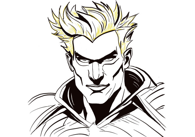 Illustration of a muscular male character with spiky blonde hair and an intense expression, wearing a dark, collared jacket. The style is bold, with heavy black outlines and minimal color.