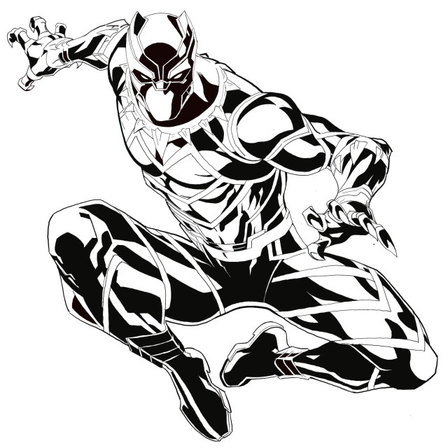 An illustration of a superhero in a dynamic pose, featuring a black and white costume with sharp details and claws.