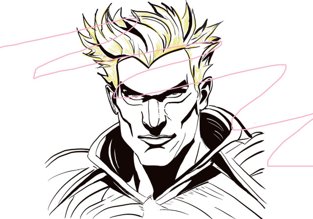 Illustration of a muscular male character with spiky blonde hair and an intense expression, wearing a dark, collared jacket. The style is bold, with heavy black outlines and minimal color. The original by @ruthpozuelo has been painted over with a curvy pink line.