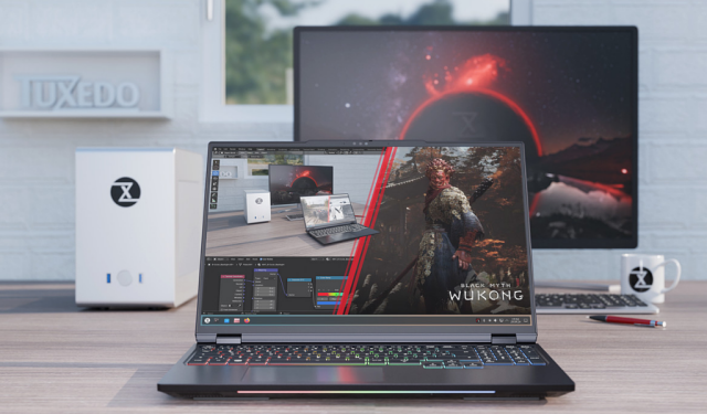 laptop in front of a monitor, in the back on the left side you can see a desktop computer with tuxedo-x-logo on it above a rack with some letters on it, called tuxedo and in the middle part of a window with look outside, see some trees. on the right side you can see beside the monitor a cup with the tuxedo-x-logo. on the screen of the laptop you can see some fotos and a screenshot of the game "black myth - wukong"