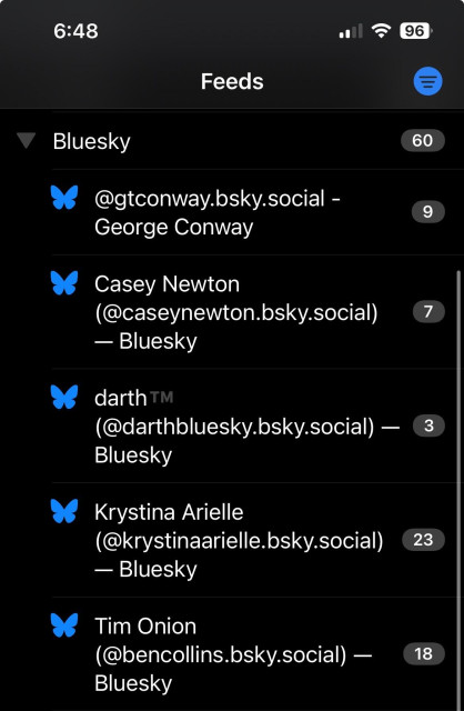 The image shows a user interface for the social media platform Bluesky, displaying a list of feeds with user notifications. It includes usernames and their corresponding follower numbers for several accounts, such as George Conway, Casey Newton, and others.