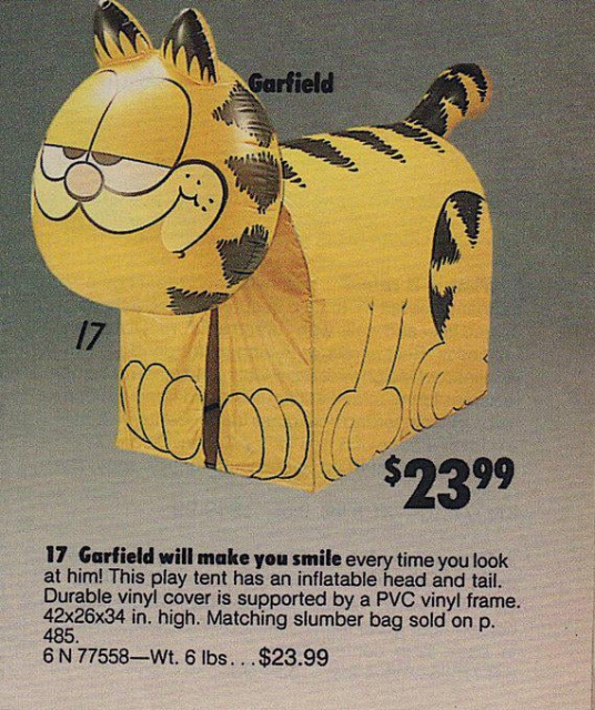 An advertisement for a pop-up tent in the shape of Garfield the cat. The price is $23.99.