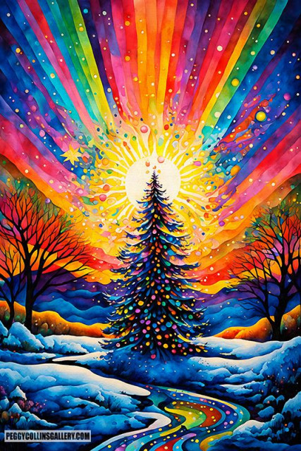 Colorful artwork of a Christmas tree near a river, by artist Peggy Collins.