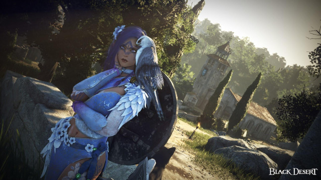 Screenshot from Black Desert Online. The main focus is a purple haired female character in a purple-blueish outfit adorned with flowers. There is a hawk (I think) on her shoulder. Behind her, you can see a building that looks like a chapel.