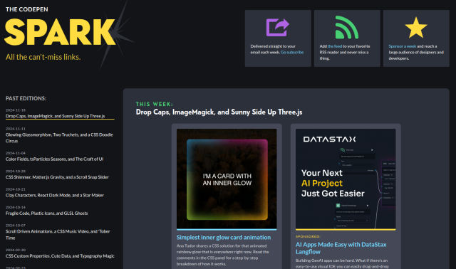 Screenshot of this week's CodePen Spark page.