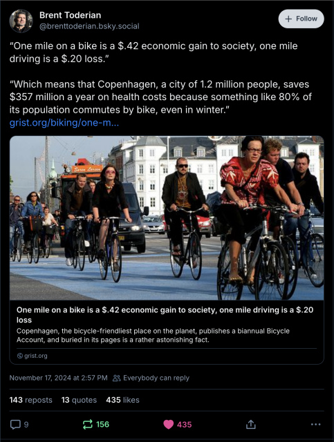 Copenhagen saves ~ 357 USD per year just on health costs by encouraging bike commuting and discouraging driving through public policy