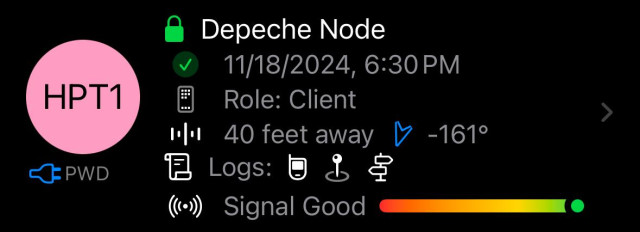 Screenshot of the Meshtastic app showing information about radio HPT1, “Depeche Node”.