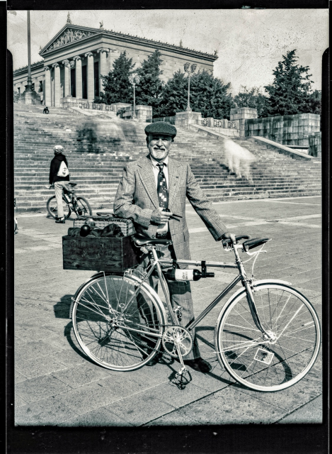 A gentleman posing with his bike on 5x7 paper negative. Taken with the restored Seneca 6. 