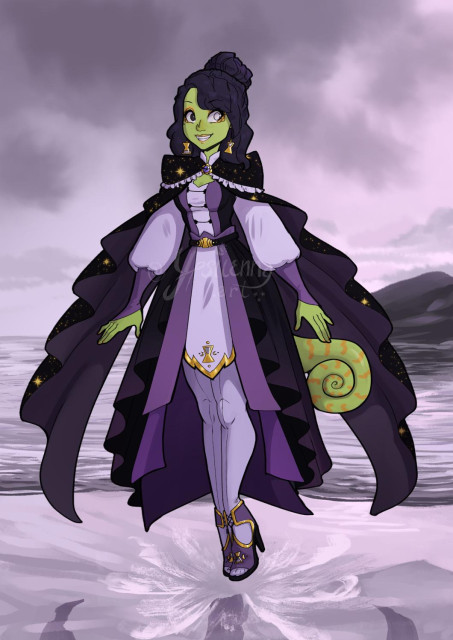 Drawing of a green skinned woman in a purple robe/dress levitating above a gloomy looking beach. She has a cape that resembles stars. 