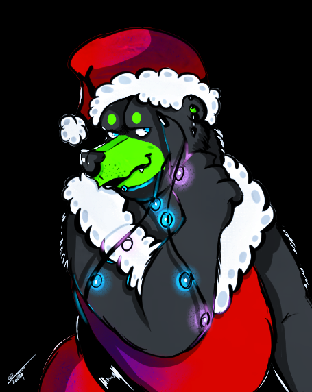 Black and green bear wearing a santa outfit with ligthts garlands sliding accross his arm 