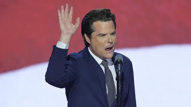 Rep. Matt Gaetz gestures while speaking during the Republican National Convention on Wednesday, July 17, 2024, in Milwaukee.