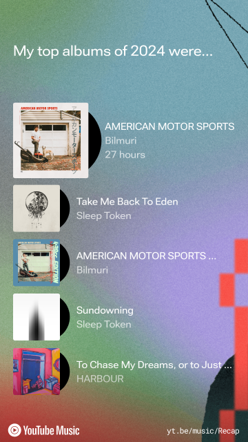 A YouTube Music recap of the top albums listened to in 2024. The list shows album art and titles, including multiple entries for "American Motor Sports" by Bilmuri, "Take Me Back To Eden" and "Sundowning" by Sleep Token, and "To Chase My Dreams, or to Just..." by Harbour. The graphic uses a gradient background with some abstract shapes.