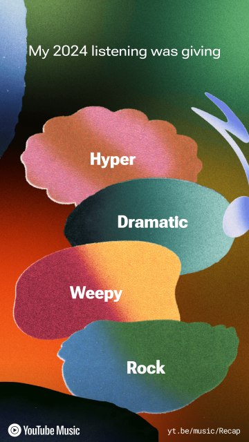 A graphic summarizing music listening habits for 2024. Overlapping abstract shapes in various pastel colors are labeled with music genre descriptors: "Hyper," "Dramatic," "Weepy," and "Rock." The text "My 2024 listening was giving" is at the top. A YouTube Music logo is in the bottom left corner.