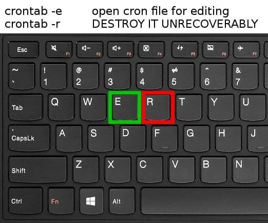 To edit the crontab file for the current user we can hit the `crontab -e`

To Remove all cron jobs for the current user we can hit the `crontab -r`

Is it -r for removal or -e for erase? There's a bit of confusion going on, and the e and r keys are next to each other on the keyboard, just waiting for typos to happen.