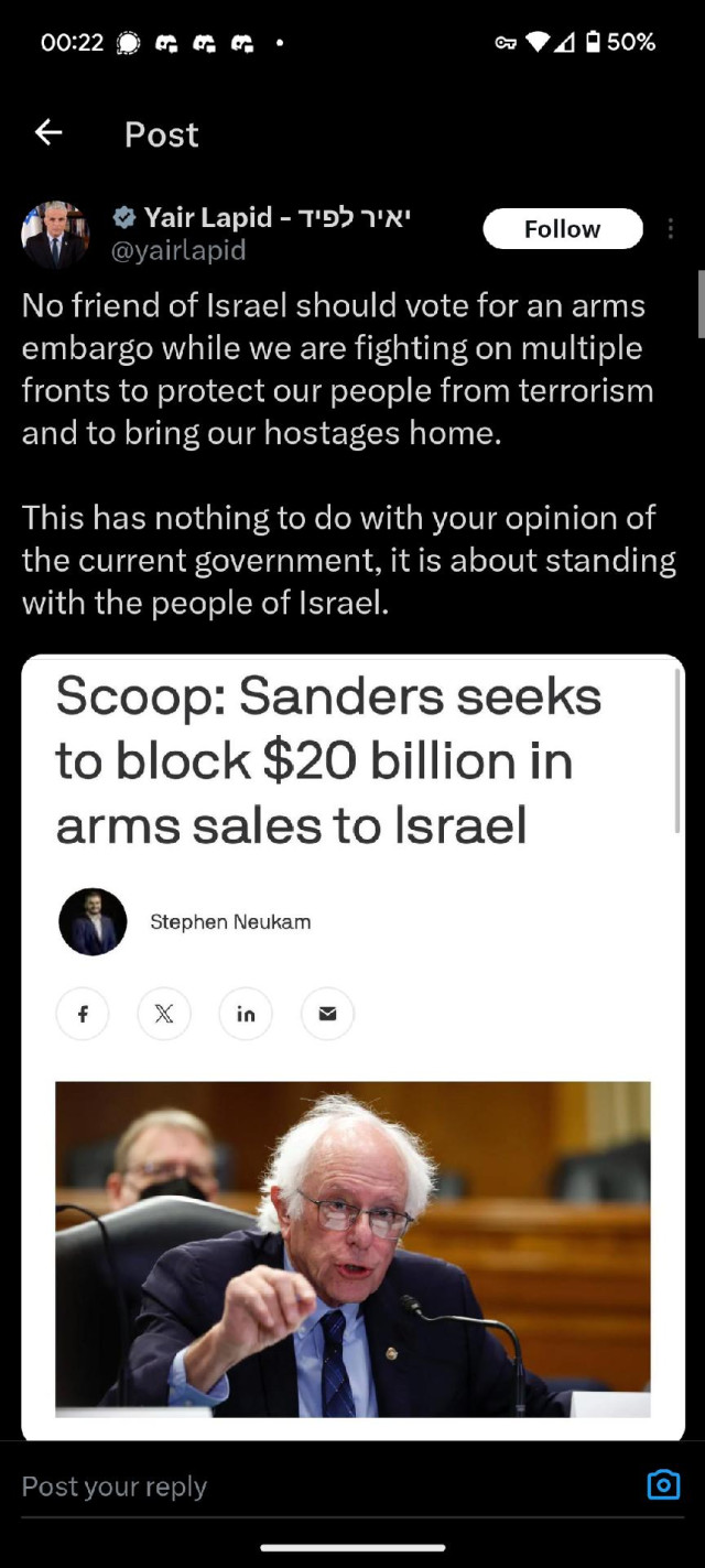 Tweet by Yair Lapid saying "No friend of lsrael should vote for an arms embargo while we are fighting on multiple fronts to protect our people from terrorism and to bring our hostages home. This has nothing to do with your opinion of the current government, it is about standing with the people of Israel."