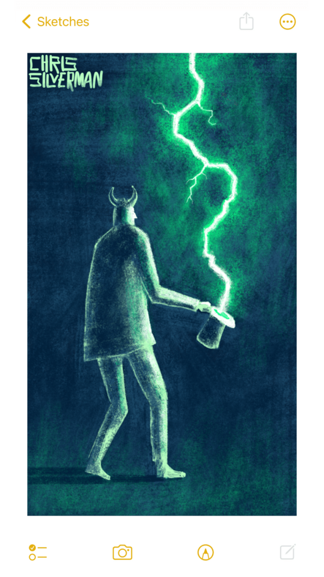 A person with devil horns holds out a top hat. A blazing white-green bolt of electricity is leaping from the opening of the hat. A foggy green glow surrounds the bolt. The person is illuminated by the bolt. This is a green drawing on a dark background.