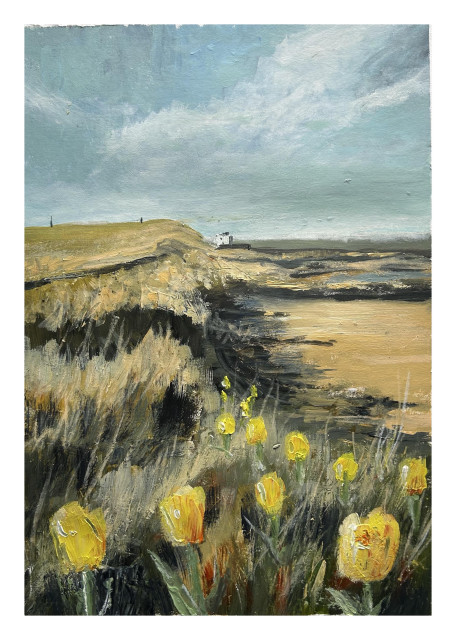 A semi abstract painting of some yellow tulips on some dunes covered with grass with a beach and a headland to the left. 