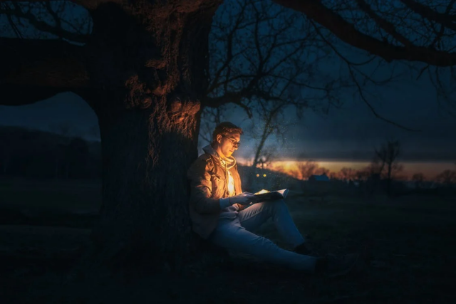 A man sitting at the bottom of a thick tree trunk in a field, an open book resting against his raised leg. The pages of the book emit a soft glow that lights the man's face against the dark twilight scene.