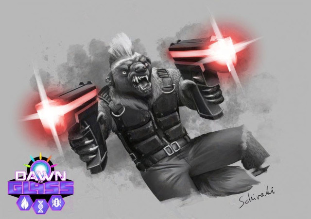 An anthropomorphic honeybadger is jumping into view, laser guns blazing. He is wearing a heavy security vest and has is hair done to a mohawk.
The image is done in greyscale with only the laser fire done in red.