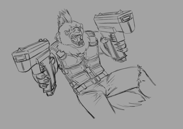 An anthropomorphic honeybadger is jumping into view, laser guns blazing. He is wearing a heavy security vest and has is hair done to a mohawk.
The image is in its sketch phase, only featuring lines.