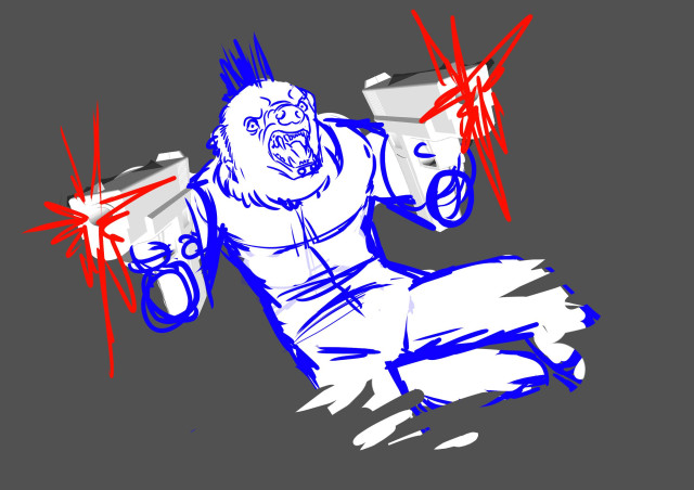 An anthropomorphic honeybadger is jumping into view, laser guns blazing. Its a very rough concept with scribbled lines and two 3D guns.
