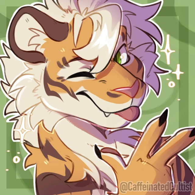 digital art of a Furry character winking at the camera throwing out a peace sign. Overall being very charming.