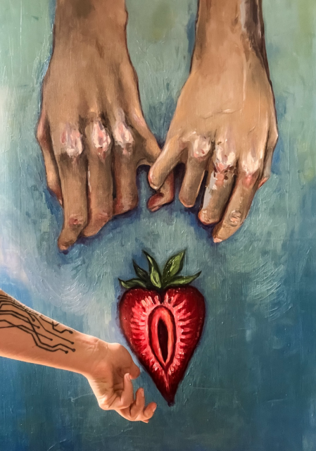 Oil painting of two hands holding their pinkies on turquoise background and a strawberry 