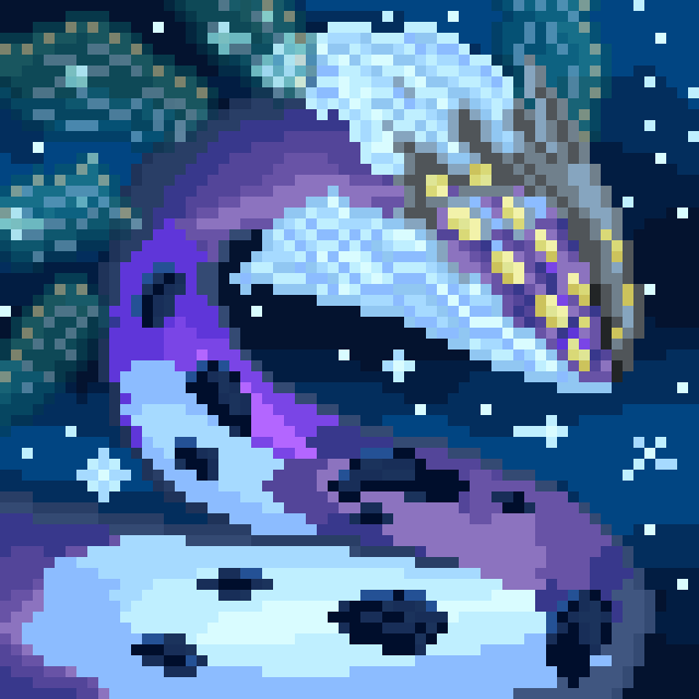 Pixel art of an alien serpentine creature, whose body is seemingly filled with nebulae and debris. It has translucent membranous wings all the way down its body and a grey arrow-like head with multiple glowing yellow eyes in two rows.