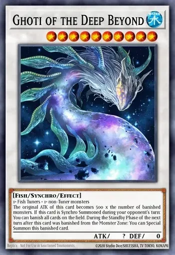 Scan of the Yu-Gi-Oh! card "Ghoti of the Deep Beyond" that depicts an alien serpentine creature, whose body is seemingly filled with nebulae and debris. It has translucent membranous wings all the way down its body and a grey arrow-like head with multiple glowing yellow eyes in two rows.