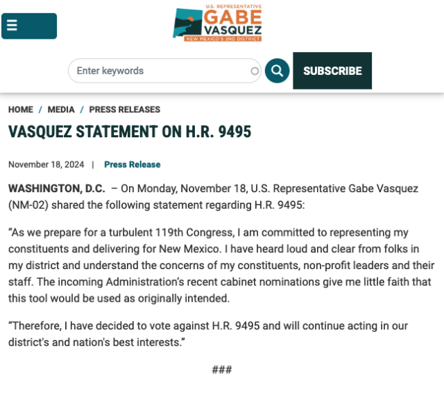 A statement from Rep Vasquez (D-NM) saying he's withdrawing his support of 9495 and will vote no