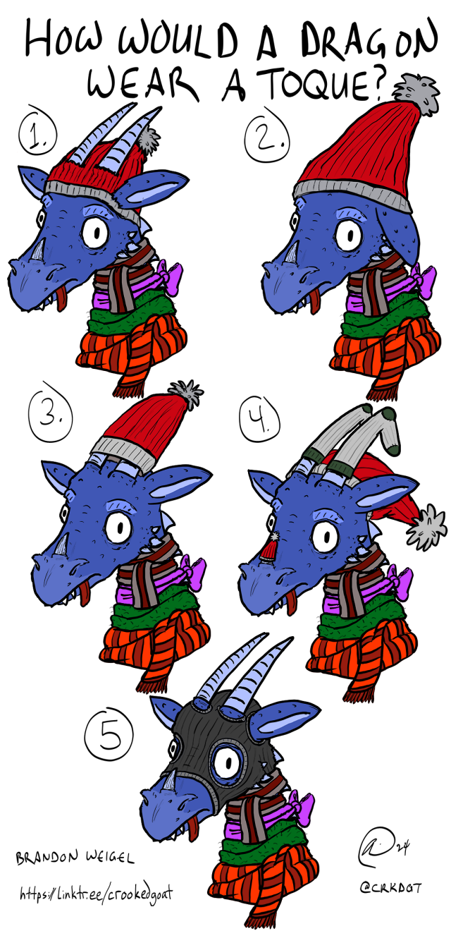 Five images of a doofy-looking dragon making different attempts at wearing winter hats. 1: Holes for horns and ears. 2: Giant hat covers everything. 3: Toque covers just the horns. 4: Toque covers just the top of the head, with socks covering the horns and a tiny toque over the nose horn. 5: Blaaclava with horn and ear holes.