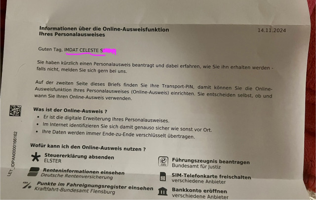 Photo of an official letter informing about the ID card functions of my new, soon-to-be-delivered ID card.

The letter is a standard letter.

It starts with "Good day IMDAT CELESTE S---"