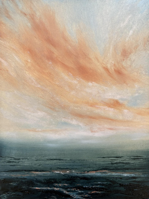 Original seascape oil painting by Tisha Mark, "Evening Dreams" 8"x6" oil on Ampersand Gessobord (2024). A peaceful sunset with orange cloud formations over a moody sea.