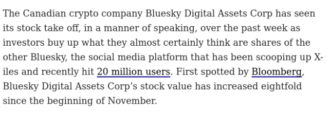 The Canadian crypto company Bluesky Digital Assets Corp has seen its stock take off, in a manner of speaking, over the past week as investors buy up what they almost certainly think are shares of the other Bluesky, the social media platform that has been scooping up X-iles and recently hit 20 million users. First spotted by Bloomberg, Bluesky Digital Assets Corp’s stock value has increased eightfold since the beginning of November.