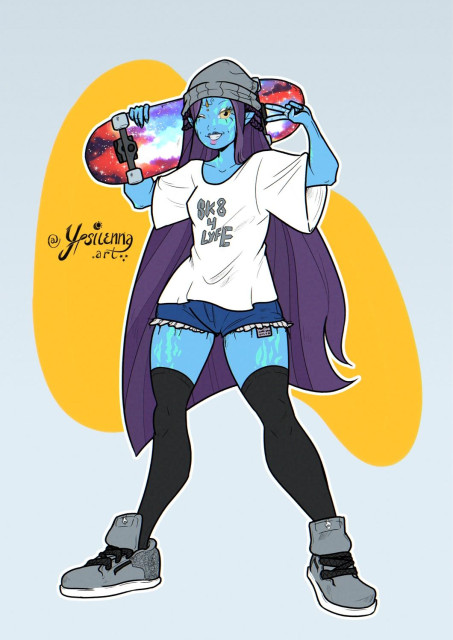 A blue-skinned woman with long purple-ish hair dressed as a skater girl holding a space-themed skating board over her shoulder and striking a pose.