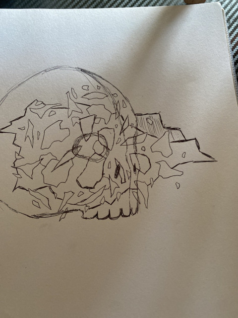 The last art Summer sent me, a skull sketch with shards flying off of it. She described her intent to me as "petals of flame stepping from life into death."