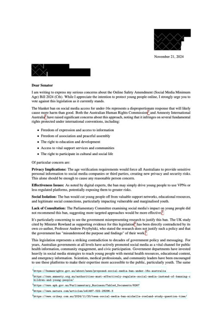 A letter complaining about the social media legislation. Find the full text: https://files.paris.id.au/LETTER_2024_NOVEMBER_SOCIALMEDIA.pdf