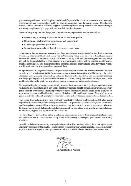 A letter complaining about the social media legislation. Find the full text: https://files.paris.id.au/LETTER_2024_NOVEMBER_SOCIALMEDIA.pdf