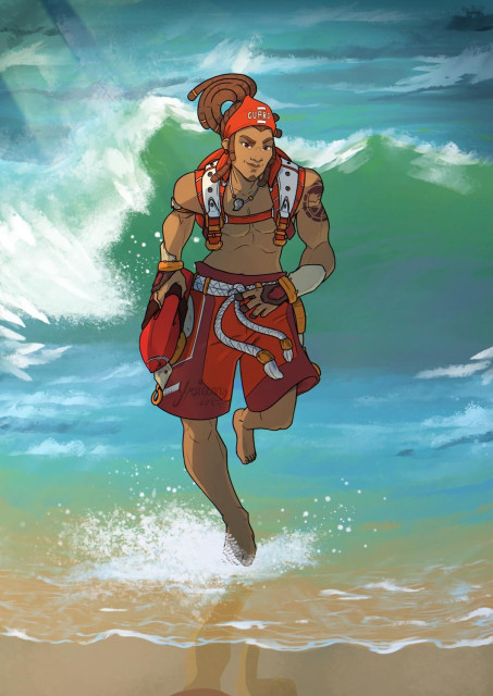 Digital drawing of Lucio from Overwatch wearing a lifeguard costume running out of the sea. There is a wave behind him.