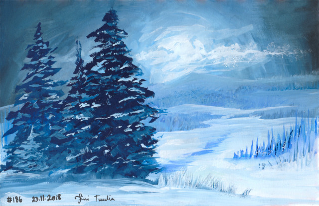 A textured and impressionistic depiction of a wintry scene. Three stout conifers stand in an icy landscape with the low rounded shapes of snow covered fells in the distance, covered in snowy forests suggested by haphazard and varying brush strokes. The sky has the shape and light of a moon, veiled by wind swept wispy clouds. The ground is covered in snow also. Everything is done in the colours of the Blue Hour, when the sun is not yet all the way down, and the low angle of it only allows the blue wavelengths of light to actually make it all the way down without scattering. It's rather peaceful looking painting, though chilly. Everything is very slightly at a tilt, maybe suggesting motion from left to right. The textures of different brushes and the paper has been taken advantage of. Signed Sini Tuulia, 23rd of November, 2018, serial number 186.