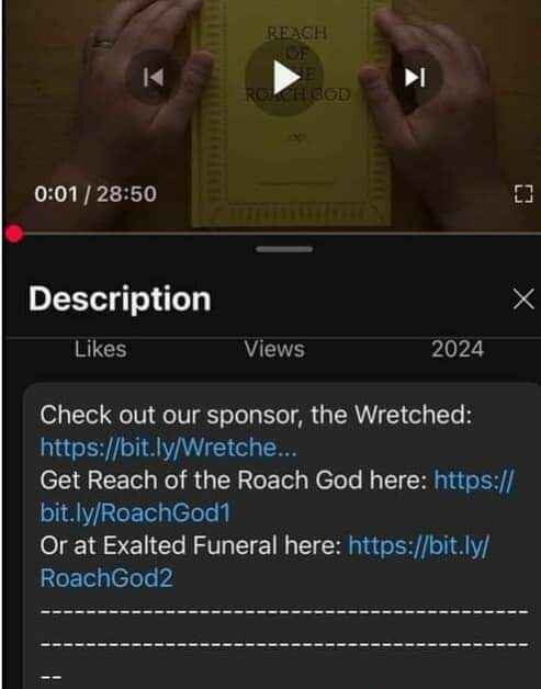 This is a screencap of a still from Milton's latest video, a review of Reach Of The Roach God.  You can see his hands framing the book.

Below the still video is, in the Description:
"Check out our sponsor, the Wretched:
[link]
Get Reach of the Roach God here: [link]
Or at Exalted Funeral here: [link]"

