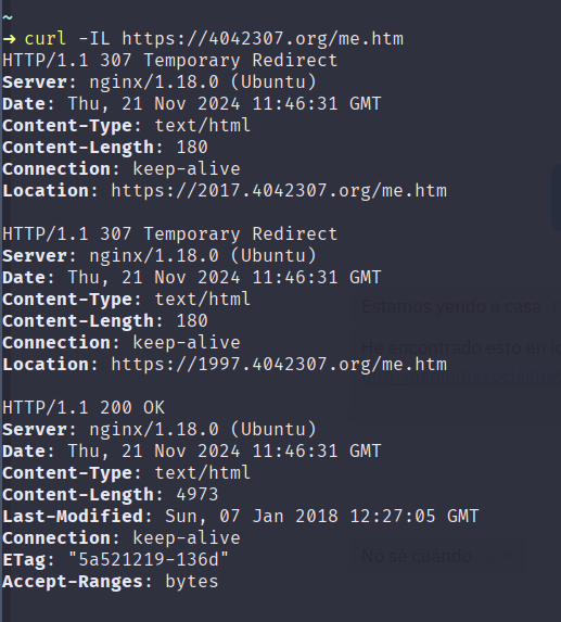 A screenshot of executing curl -IL https://4042307.org/me.htm and how it redirects first to the 2017 subdomain and then to the 1997 subdomain, where it successfully returns the asset.